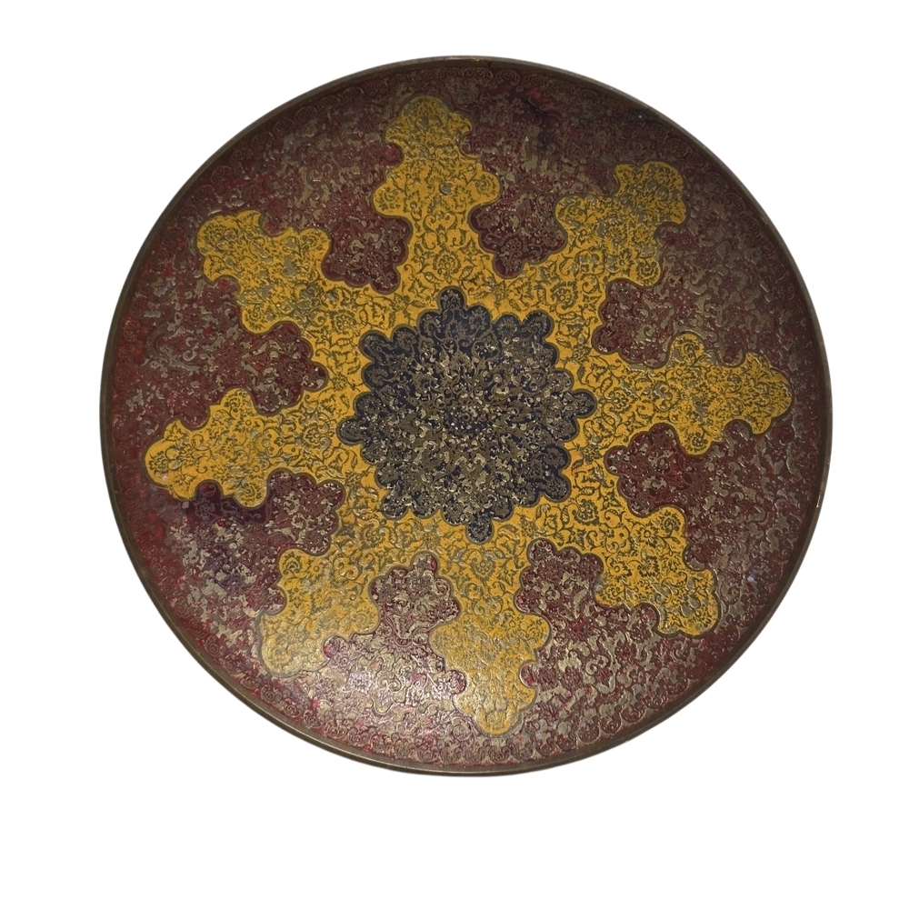 Decorative Metal Goldtone and Red Accent Plate Bowl